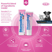 ICF | Stomodine F | Dentifricio per cani e gatti | Sapore di carne | Combatte la placca e l'alitosi | Sana igiene orale dentale | Detergente per denti per animali domestici facile da usare